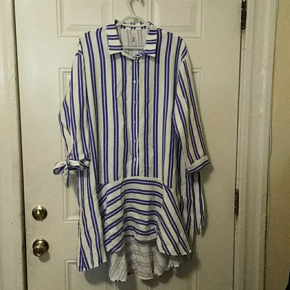 Blue and white striped shirt dress